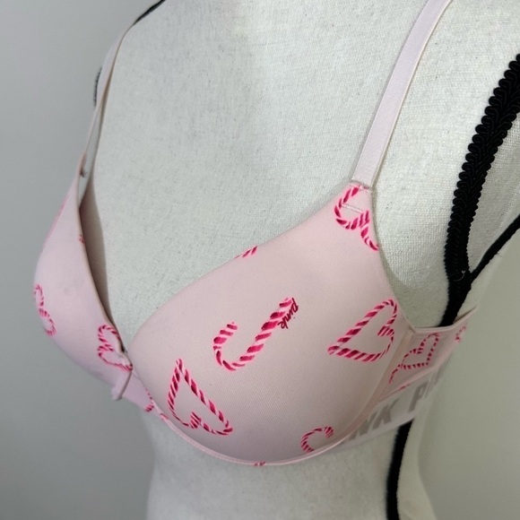 Victoria Secret sz 34C bra candy cane hearts soft pink wit red hearts - Picture 2 of 10
